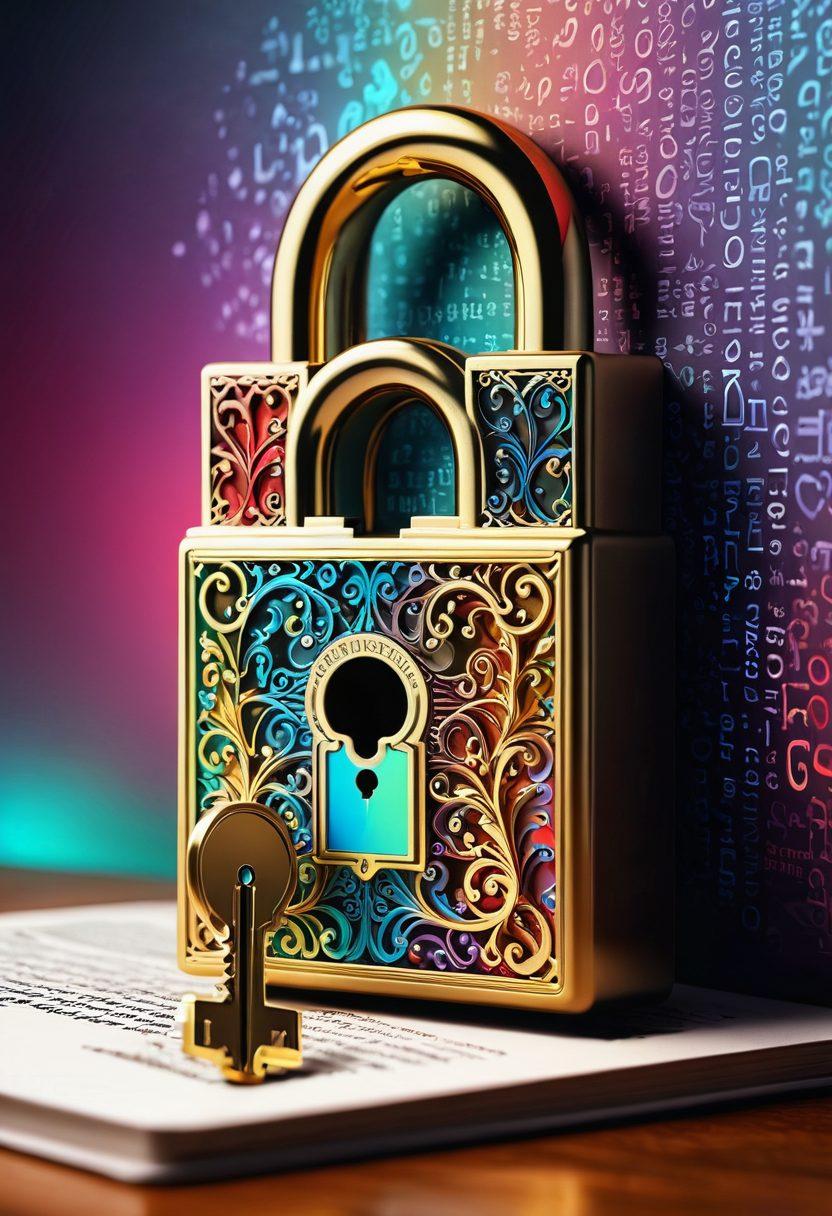 A key unlocking an ornate lock shaped like a blog post, with pages swirling around in vibrant colors, symbolizing tips, strategies, and trends. In the background, a glowing computer screen displays engaging blog statistics. The scene is set against a subtle library backdrop, embodying wisdom and knowledge. super-realistic. vibrant colors. 3D.